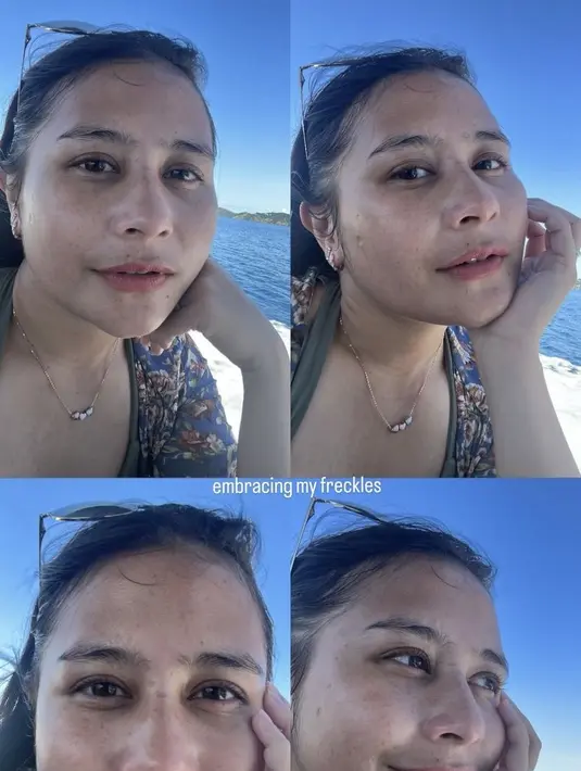 Bahkan, ia mengunggah empat foto selfie dengan wajah tanpa makeupnya. Dibubuhkan caption, embracing my freckles. Credit: Instagram (@prillylatuconsina96)