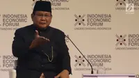 Calon Presiden Nomor Urut 2, Prabowo Subianto menyampaikan pidato dalam Indonesia Economic Forum 2018 di Jakarta, Rabu (21/11). Di acara tersebut, Prabowo berbicara soal kondisi ekonomi RI dan hal -hal yang ia khawatirkan. (Liputan6.com/Angga Yuniar)