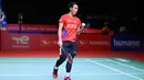 Tunggal putra Indonesia Jonatan Christie saat bertanding melawan pemain India Srikanth Kidambi pada babak 16 besar Indonesia Masters 2021 di Bali International Convention Centre & Westin Resort, Kamis (18/11/2021). Jojo, sapaan akrab Jonatan Christie, kalah 21-13, 18-21 dan 15-21. (HUMAS PP PBSI)