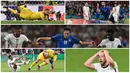 Foto kombinasi menunjukkan kiper Italia Gianluigi Donnarumma, pemain Italia Leonardo Bonucci dan Federico Chiesa, serta pemain Inggris Raheem Sterling dan Harry Kane pada ajang Euro 2020. (Paul ELLIS/POOL/AFP, Carl Recine/POOL/AFP, FACUNDO ARRIZABALAGA/POOL/AFP)