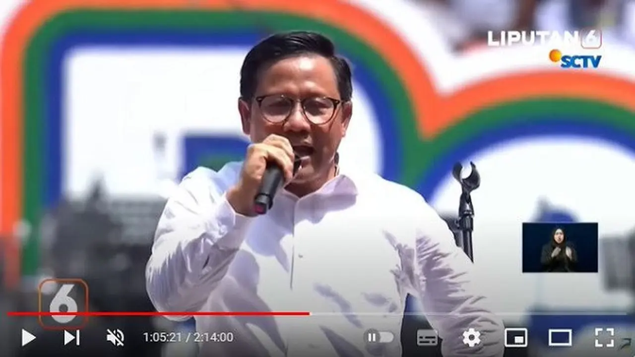 Calon wakil presiden nomor urut 1, Muhaimin Iskandar atau Cak Imin Saat Kampanye di Jakarta International Stadium (JIS). (YouTube Liputan6)