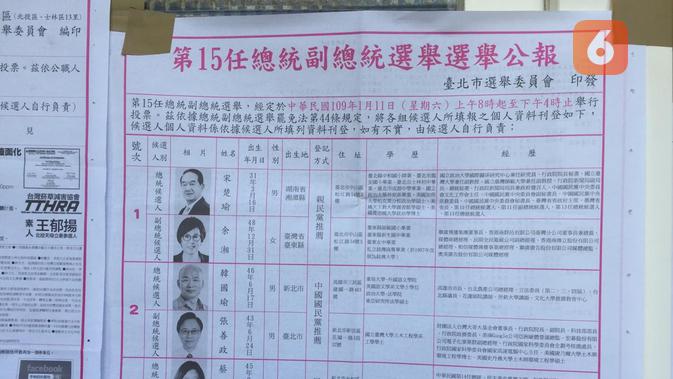 Informasi mengenai tiga kandidat presiden dan wakil presiden Taiwan yang dipasang di depan tempat pemungutan suara di Beitou Elementry School,(Teddy Tri Setio Berty/Liputan6.com)