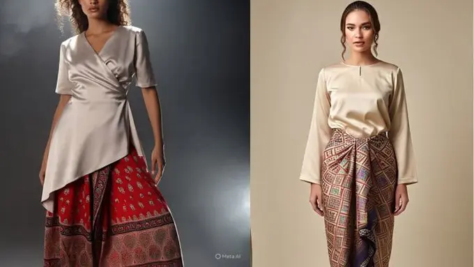 Ilustrasi Tunik Berbahan Satin dengan Rok Lilit Motif Etnik (Sumber Gambar: Meta AI)