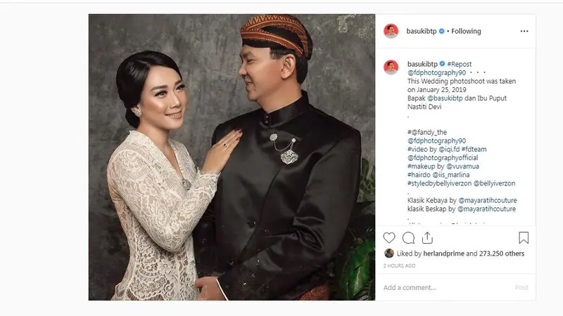 Unggahan Instagram Basuki Tjahaja Purnama atau Ahok bersama sang istri Puput Nastiti Devi