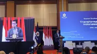 Gubernur Lembaga Ketahanan Nasional (Lemhanas) RI Andi Widjajanto saat menghadiri seminar ketahanan nasional bertajuk Transformasi Digital Indonesia 2045 di Flores Ballroom Hotel Borobudur, Jakarta Pusat. (Liputan6.com/Winda Nelvira)