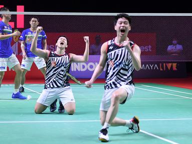 Marcus Fernaldi Gideon/Kevin Sanjaya Sukamuljo menuntaskan balas dendam plus mencetak hat-trick usai menaklukkan Takuro Hoki/Yugo Kobayashi dalam final ganda putra Turnamen Bulu Tangkis Indonesia Open 2021. Sebelumnya, The Minions takluk di final Indonesia Masters. (Dok. PBSI)