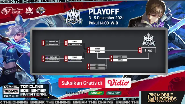 Link Live Streaming Play Off Top Clans Mobile Legends Winter Invitational di Vidio, 3-5 Desember 2021