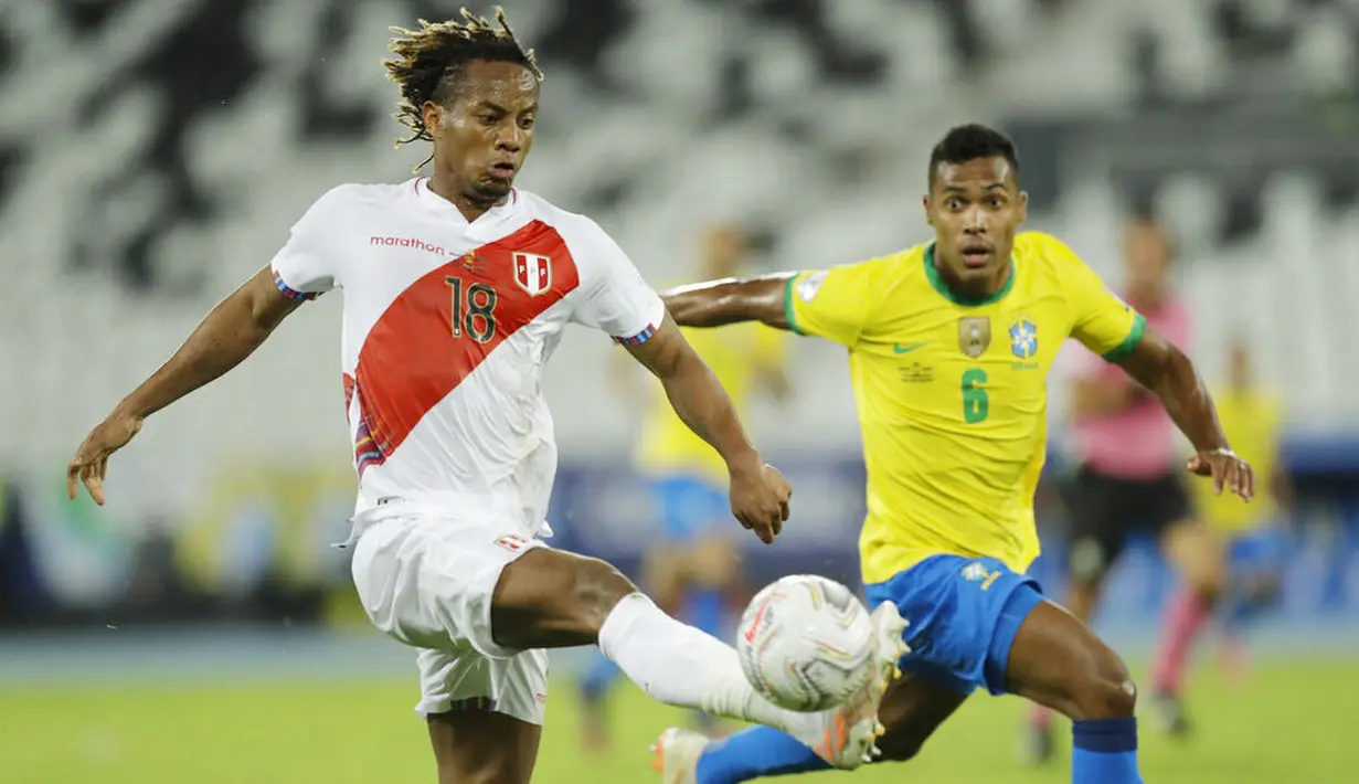Sedangkan Peru bukan tanpa perlawanan. Mereka memiliki empat percobaan dimana dua diantaranya mengarah ke gawang Brasil. (AP/Bruna Prado)