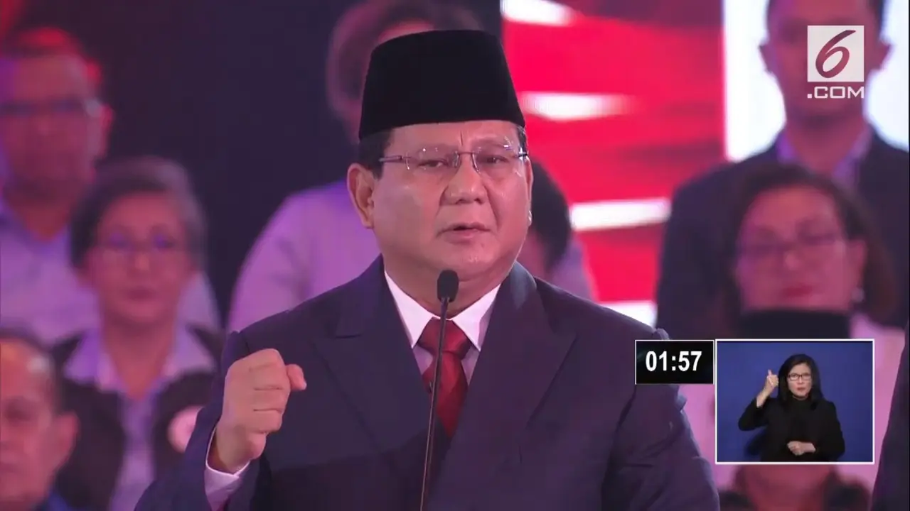 Calon presiden Prabowo Subianto saat debat capres cawapres 2019