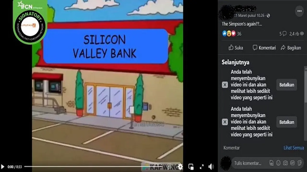 Gambar Tangkapan Layar Kabar tentang Kartun The Simpsons Memprediksi Kebangkrutan Silicon Valey Bank (sumber: Facebook).