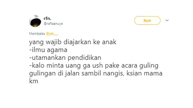 Cuitan kocak (Sumber: Twitter/ @rafiaanuye)