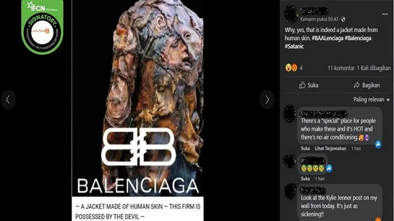 Gambar Tangkapan Layar Foto yang Diklaim Jaket Kulit Manusia Produksi Balenciaga (sumber: Facebook).