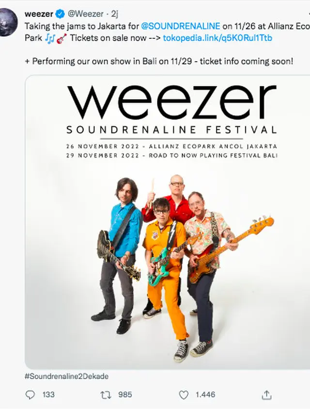 Tak Hanya di Jakarta, Weezer Juga Umumkan Akan Manggung di Bali November Ini
