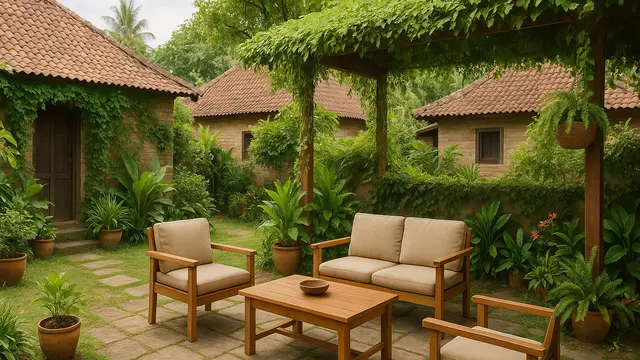 Gambar Desain Ruang Tamu Outdoor Sederhana di Kampung/via AI