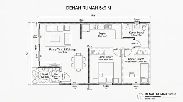Desain Rumah 5x9 Meter untuk Pasangan Muda. Gemini