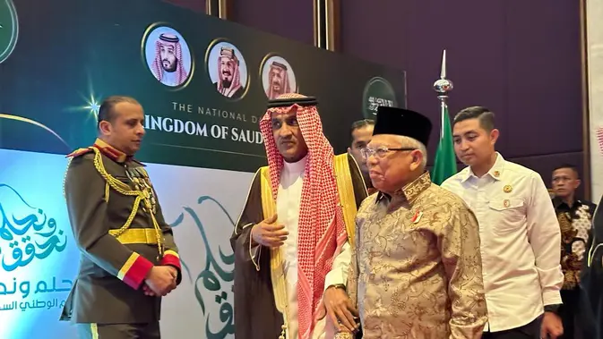 <p>Wakil Presiden RI K.H Ma'ruf Amin menghadiri Perayaan Kemerdekaan ke-93 Arab Saudi di Hotel Raffles, Jakarta, Senin (26/9/2023). (Liputan6/Benedikta Miranti)</p>