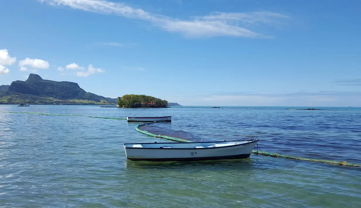 Penghalang digunakan untuk menampung tumpahan minyak yang mencemari lepas pantai tenggara Mauritius di Mahebourg Waterfront, Sabtu (8/8/2020). Mauritius memberlakukan status darurat setelah kapal Jepang, MV Wakashio, kandas dan menumpahkan 1.000 metrik ton minyak mentah. (Sophie Seneque via AP)