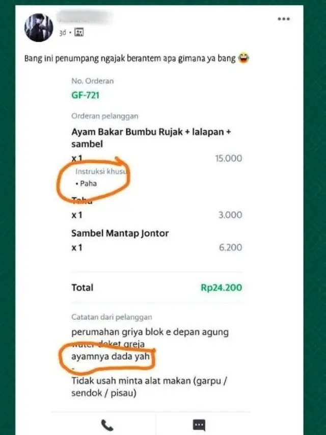 8 Pesan Nyeleneh Pembeli Saat Order Makanan di Ojek Online