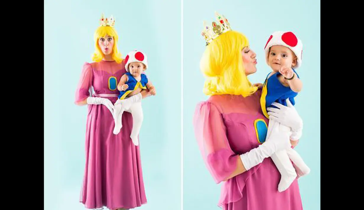 Kostum Halloween 'Princess Peach dan Toad'. Princess Peach adalah ratu dalam film kartun Mario Bros (Istimewa)