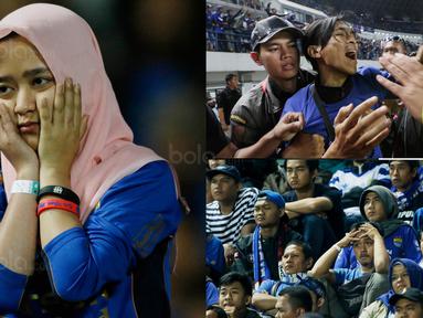 Berikut ini ekpresi sedih para Bobotoh, saat Persib tersingkir dari Piala Presiden 2018 setelah ditaklukkan PSM dengan skor 0-1. (Bola.com/M Iqbal Ichsan)