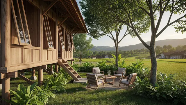 Desain Rumah Desa Adem dengan Taman Samping dan Dinding Semi Terbuka