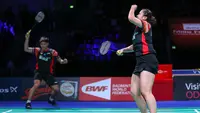 Ekspresi Praveen Jordan/Melati Daeva Oktavianti setelah mengalahkan ganda China, Wang Yi Lyu/Huang Dong Ping pada final Denmark Terbuka 2019 di Odense Sports Park, Denmark, Minggu (20/10/2019). (PBSI)