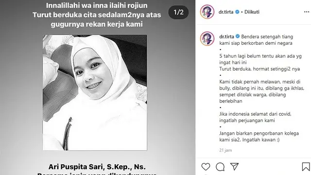 Perawat Ari Puspita Sari meninggal dunia karena terinfeksi Covid-19