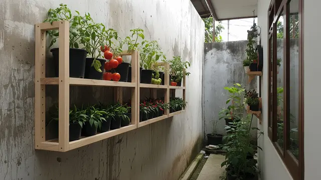 Kebun Buah Gantung di Tembok Model Rak Kayu Tempel Minimalis