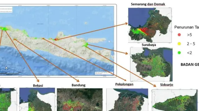 Badan Geologi mencatat sejumlah kota besar di Pulau Jawa mengalami penurunan muka tanah lebih dari lima sentimeter per tahun. (Dok Badan Geologi)