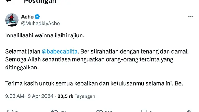 Unggahan Muhadkly Acho. (Foto: Dok. Twitter @MuhadklyAcho)