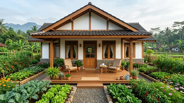 Inspirasi Rumah Desa dengan Kebun Sayur Mengelilingi Halaman. Gemini