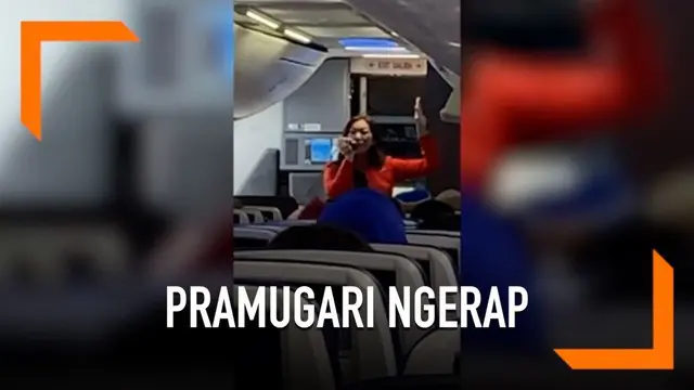 Seorang pramugari Southwest Airlines memberikan instruksi keselamatan dengan ngerap. Momen unik ini terjadi pada penerbangan dari Los Angeles menuju Utah.