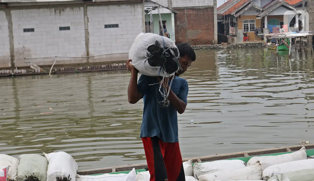 Pekerja mengangkut barang menggunakan perahu menuju dermaga di Desa Pantai Mekar, Muaragembong, Kabupaten Bekasi, Senin (6/12/2021). Jasa angkut barang menggunakan perahu tersebut banyak diminati warga untuk mempersingkat waktu perjalanan. (Liputan6.com/Herman Zakharia)
