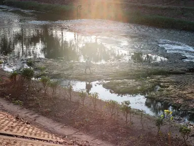Warga beraktivitas di sekitar aliran Kanal Banjir Timur yang mengalami kekeringan, kawasan Duren Sawit, Jakarta, Selasa (3/9/2019). Kemarau panjang yang melanda Ibu Kota menyebabkan debit air Kanal Banjir Timur berkurang hingga menampakkan dasar kanal. (Liputan6.com/Immanuel Antonius)