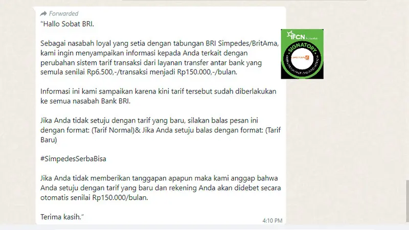 Tangkapan layar informasi tentang kenaikan tarif transaksi transfer untuk nasabah