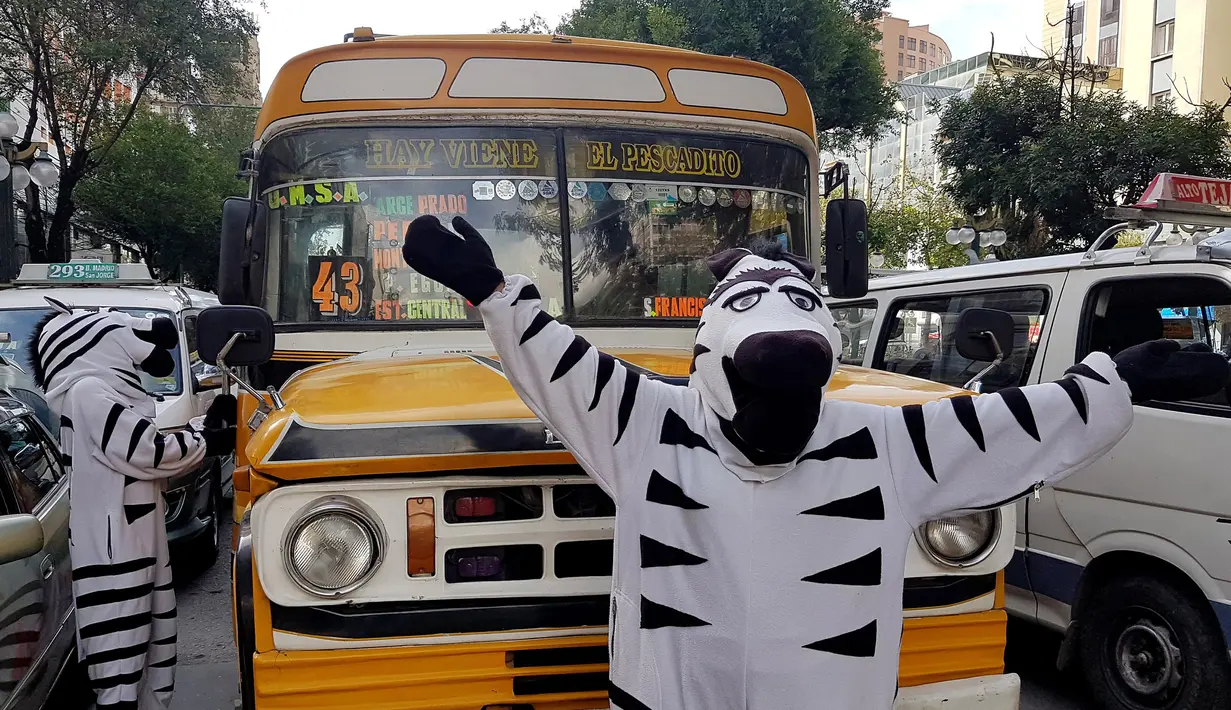 Warga berpakaian seperti zebra menyapa pengendara saat program pendidikan di jalan di La Paz, Bolivia,(5/12). Tujuan aksi ini menyadarkan prilaku pengendara dan pejalan kaki untuk mematuhi rambu lalu lintas seperti zebra cross. (REUTERS/David Mercado)