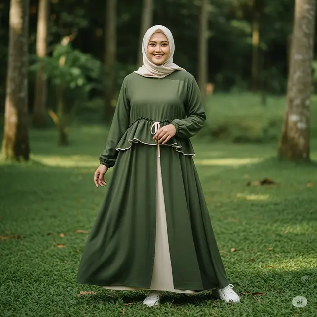 Gamis Flare Army Green dengan Ruffle