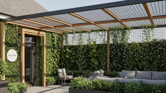 Desain Kanopi Teras dengan Vertical Garden untuk Usaha/Gemini AI