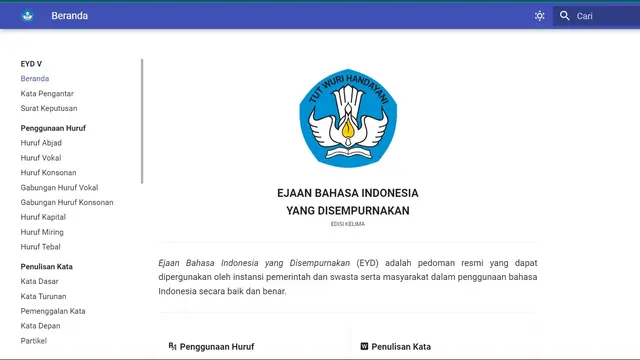 Tangkapan Layar Beranda EYD Edisi Kelima