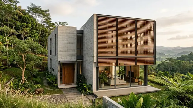 Gambar Fasad Rumah Minimalis dengan Kombinasi Kayu dan Beton