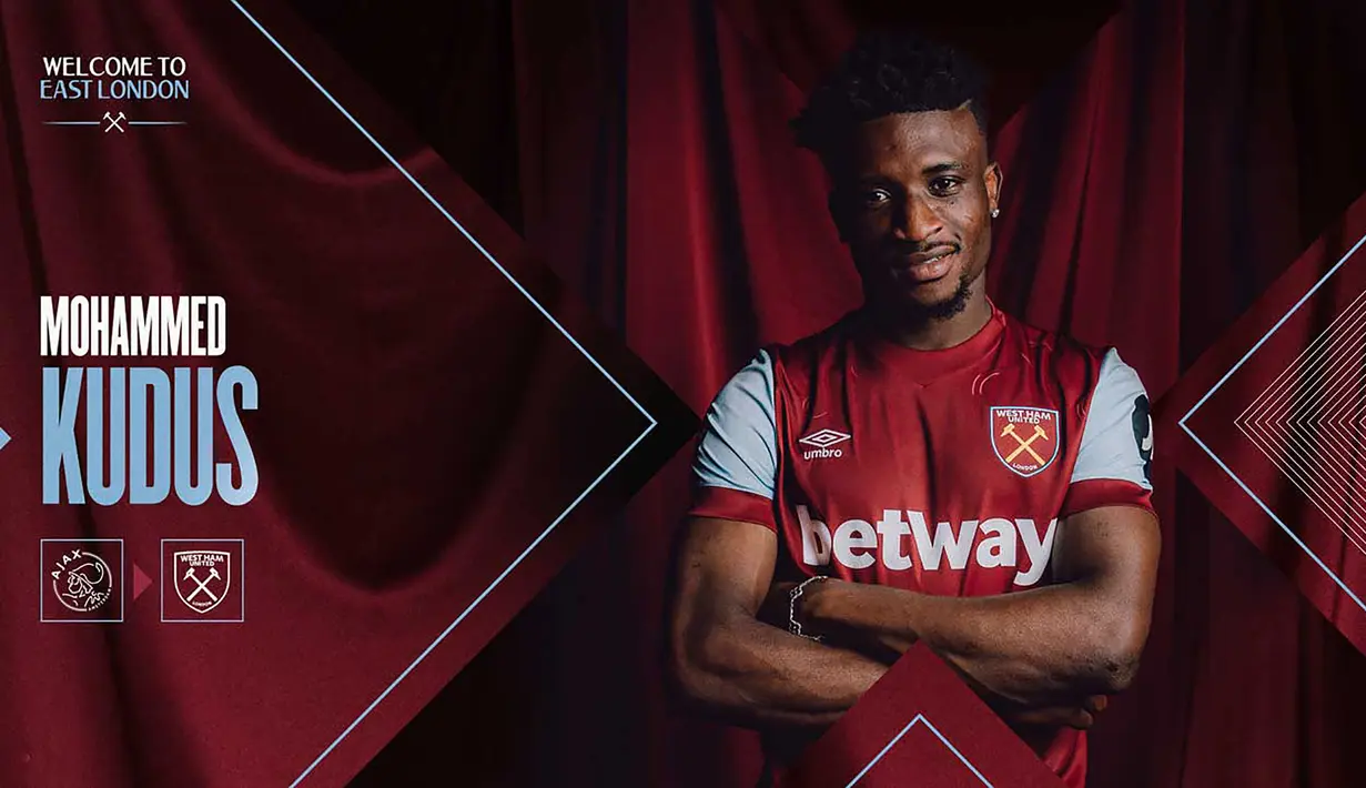 Mohammed Kudus menjadi pemain Ghana terbaru yang berlaga di Premier League Liga Inggris musim 2023/2024. Ia didatangkan dari Ajax Amsterdam dengan nilai transfer 43 juta euro dengan durasi kontrak selama 5 tahun hingga 30 Juni 2028. (whufc.com)