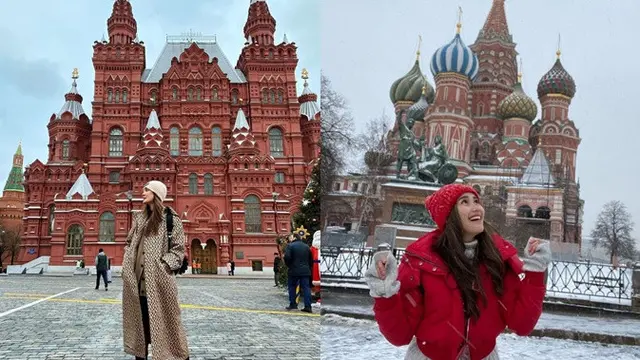 Luna Maya tampil trendi dengan cout berwarna krem dengan motif merah, sementara Ayu terlihat modis dengan outfit serba merah.