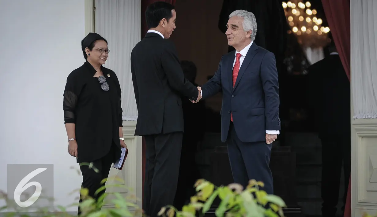 Presiden Joko Widodo (Jokowi) bersalaman dengan Mehmet Kadri Sander Gorboz, usai pertemuan dengan 18 Dubes Negara Sahabat, di Istana Merdeka, Selasa (4/10). Pada pertemuan itu, Jokowi menerima surat kepercayaan dari 18 dubes. (Liputan6.com/Faizal Fanani)