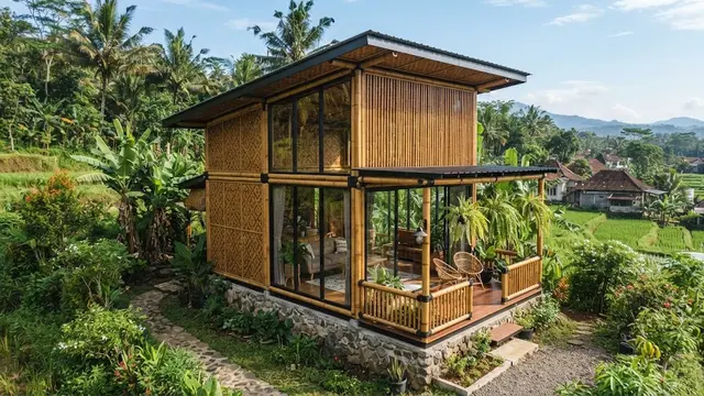 Model rumah bambu yang sederhana tapi bikin betah yang hadirkan nuansa perdesaan desain kubus dengan kombinasi kaca