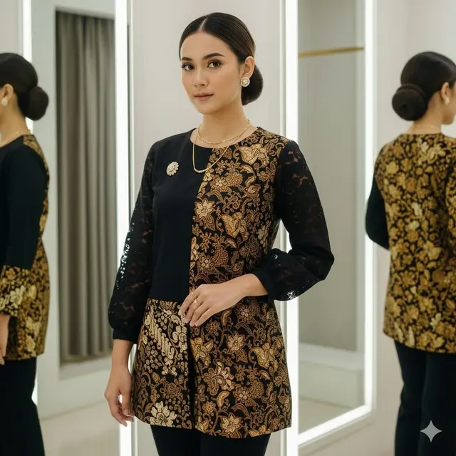 Tunik Kombinasi Brokat dan Batik Sogan