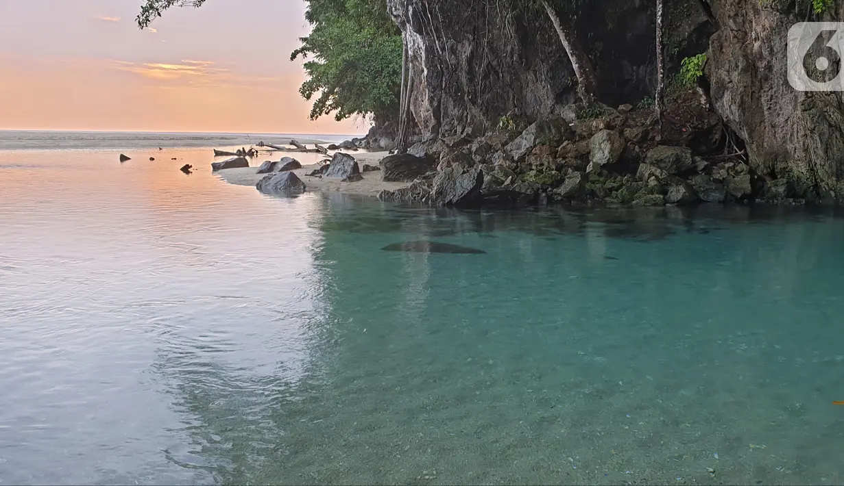 Suasana Sungai Tamborasi di Desa Tamborasi, Kecamatan Wolo, Kabupaten Kolaka, Sulawesi Tenggara (16/10/2019). Panjang Sungai Tamborasi hanya 20 meter, dengan lebar 15 meter. Hulu sungai sangat berdekatan dengan hilir yang bermuara ke Pantai Tamborasi. (Liputan6.com/Nurseffi Dwi Wahyuni)