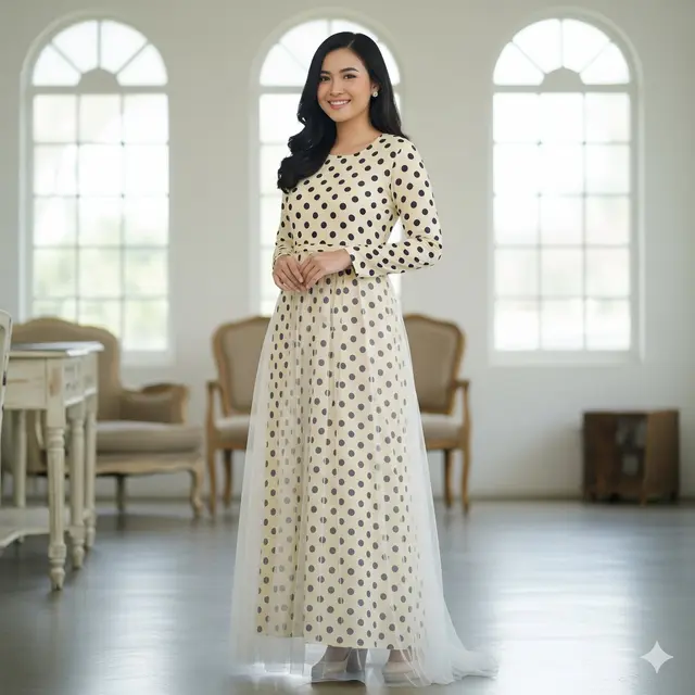 Dress Motif Polkadot dengan Layer Transparan