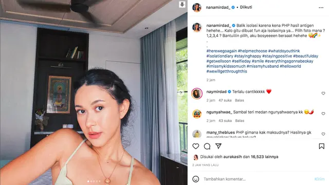 Dari tes PCR yang dilakukan Nana Mirdad, diketahui bahwa ia masih positif Covid-19. (Foto: Instagram @nanamirdad_)