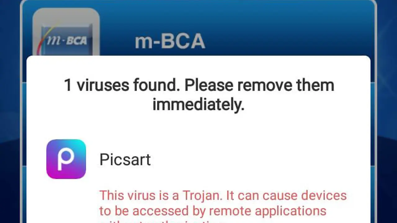 Screenshot M-BCA dengan peringatan virus dari aplikasi PicsArt yang viral di kalangan warganet