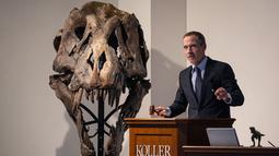 Hampir 300 tulang Tyrannosaurus rex yang digali dari tiga lokasi di Amerika Serikat dan dirangkai menjadi satu kerangka terjual pada hari Selasa dalam sebuah lelang di Swiss dengan harga 4,8 juta franc ($5,3 juta) atau sekitar Rp 79 miliar, di bawah harga yang diharapkan. (Photo by Fabrice COFFRINI / AFP)